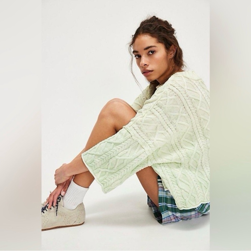Free People Washed Ashore Knit Cable Sweater in Mint Green
